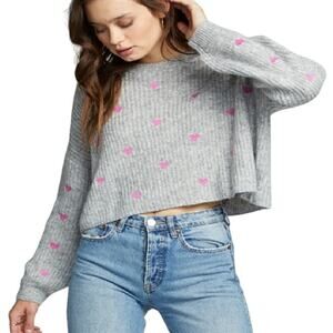 NWT Saltwater Luxe Heart Sweater Gray Pink Embroidered Cropped Women M